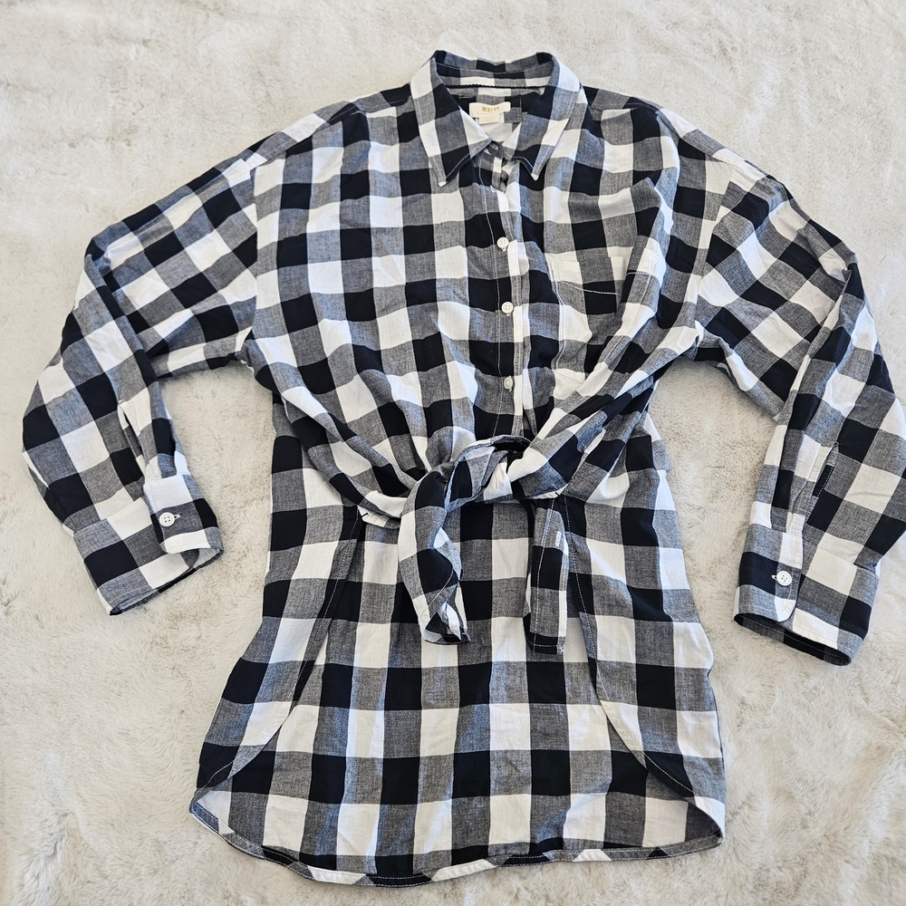 Maeve Black and White Plaid Tie-Front Button-Up Shirt